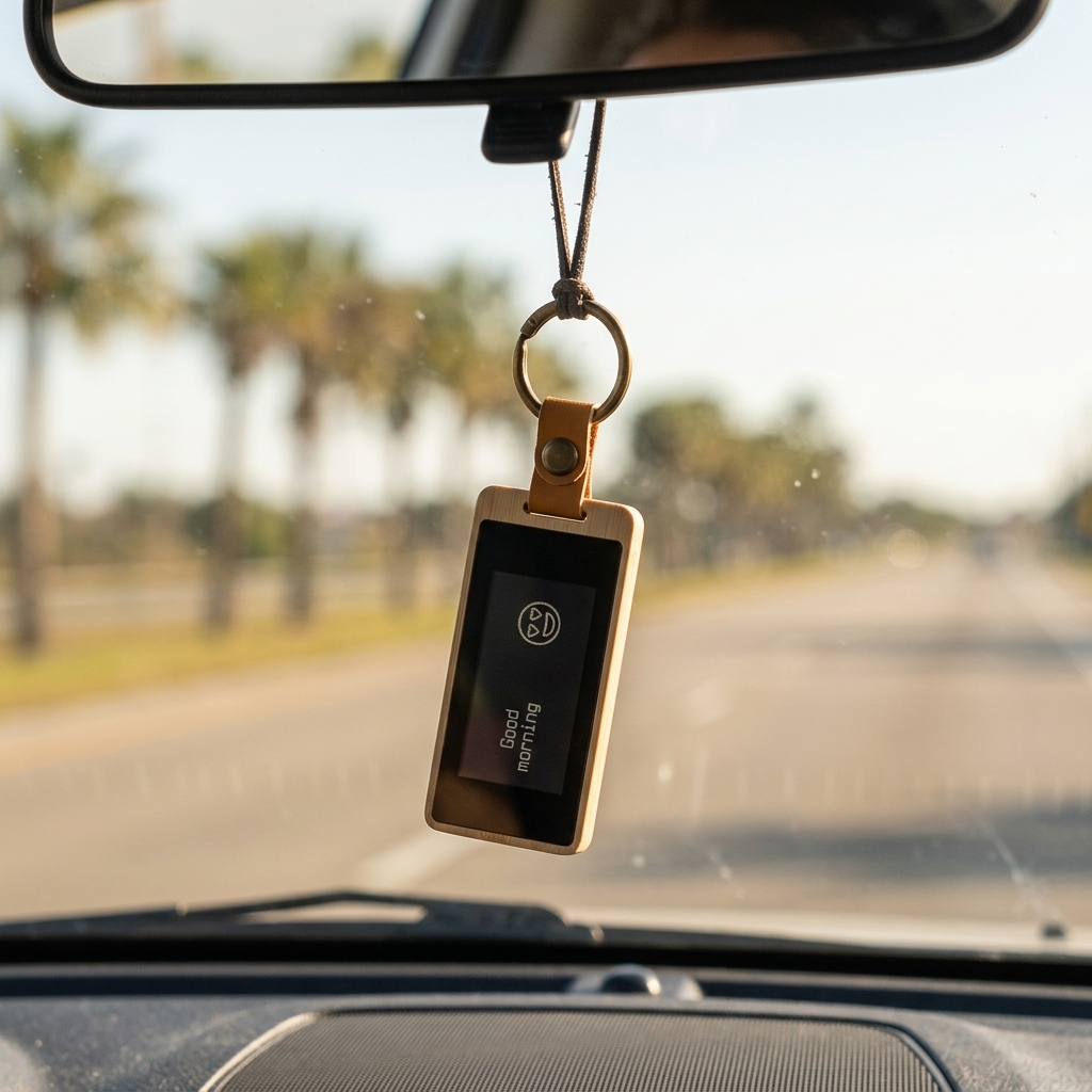 KEEP swinging as a pendant from a car's rear-view mirror, sunlit palm-lined road blurred behind, ‘Good morning’ on the e-ink screen.