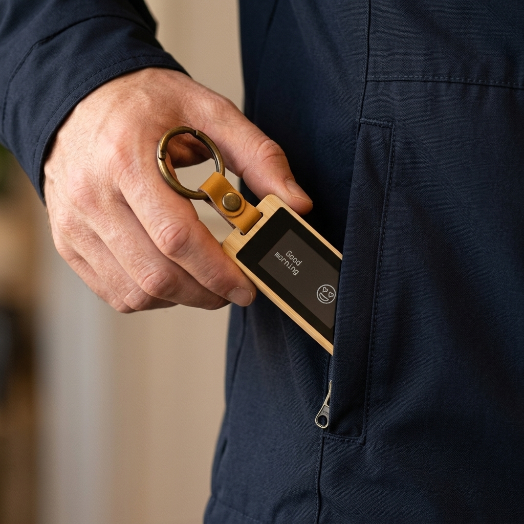 A hand slipping a KEEP keychain into the pocket of a navy jacket, ‘Good morning’ on the e-ink screen.